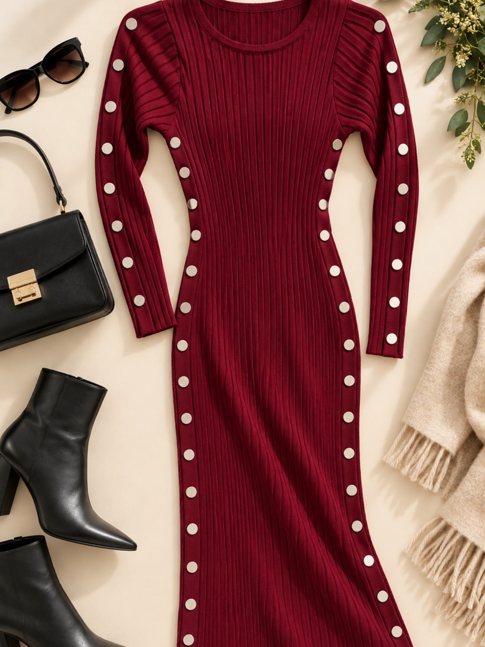 Fashion Nova Burgundy Ribbed Button-Trim Long Sleeve Dress
